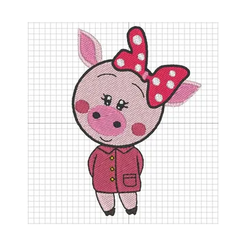 Parche bordado de una cerdita con lazo rojo y uniforme de profesora.