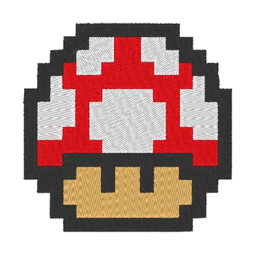 Parche bordado pixel art de un hongo con sombrero rojo y manchas blancas.
