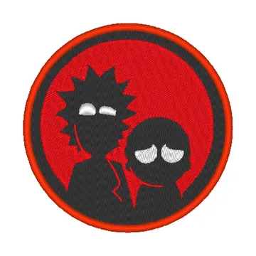 Parche circular bordado de Rick y Morty en rojo y negro.